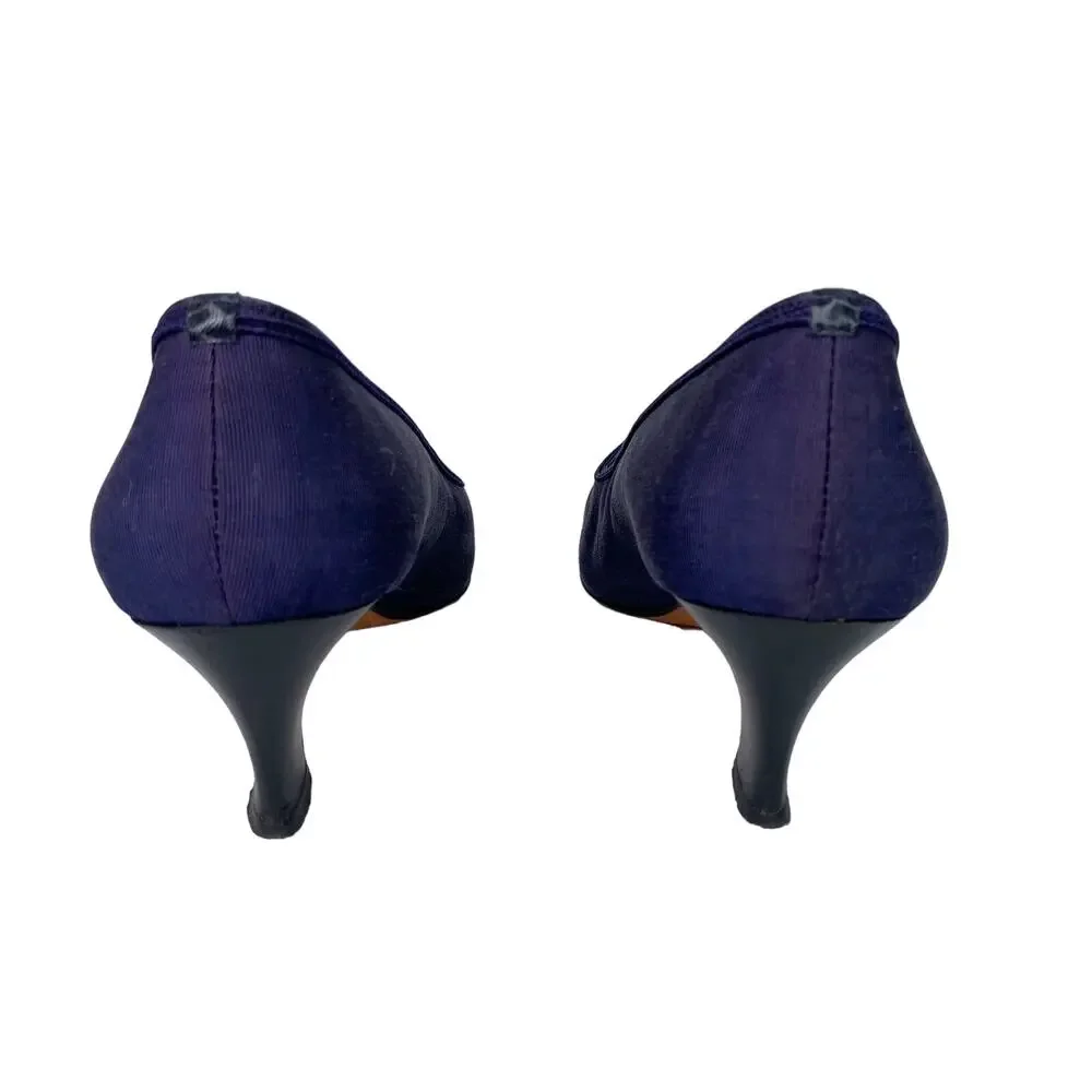 Yves Saint Laurent YSL Vintage Ribbed Navy Silk Pumps 7M Heels 2.25